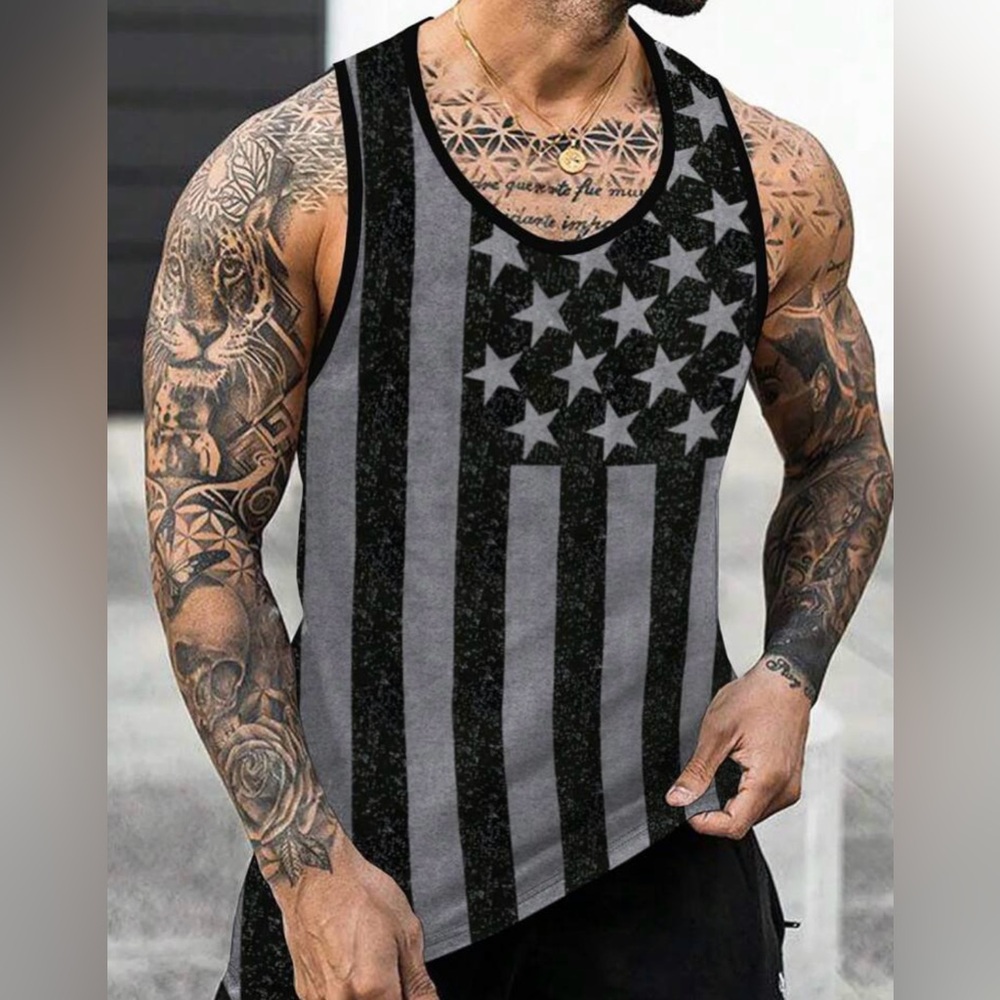 Shein Manfinity Black and Gray American Flag Tank Top